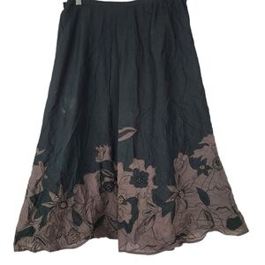 Chico’s black brown aplique beaded floral embroidered cotton circular skirt Sz M